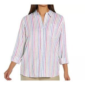Gap Women's Top XS Linen Blend Button Front Long Sleeve Shirt White Striped XS